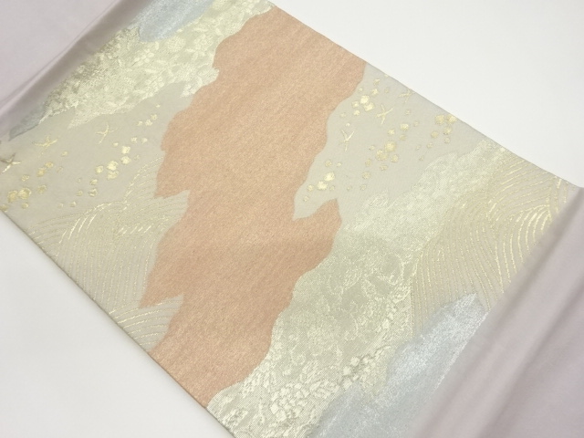 道長取に花唐草・波・鳥模様織出し名古屋帯